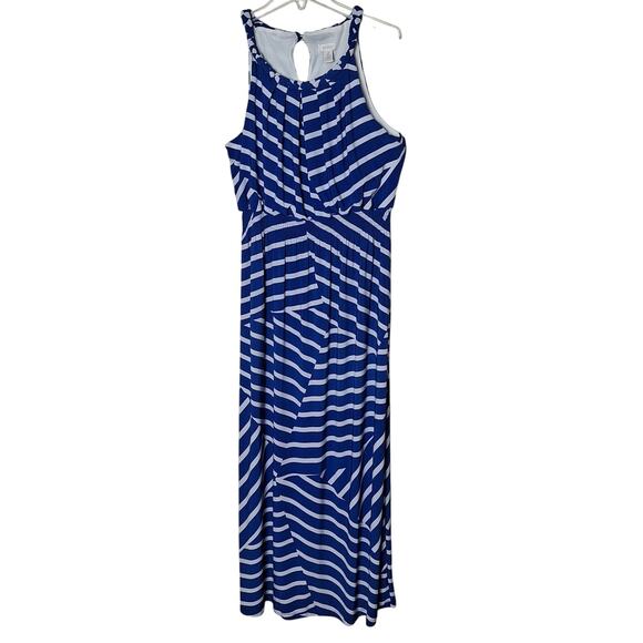 Chico's 2 Women Large Royal Blue White Striped Rope Halter Sleeveless Maxi Dress - Picture 1 of 5